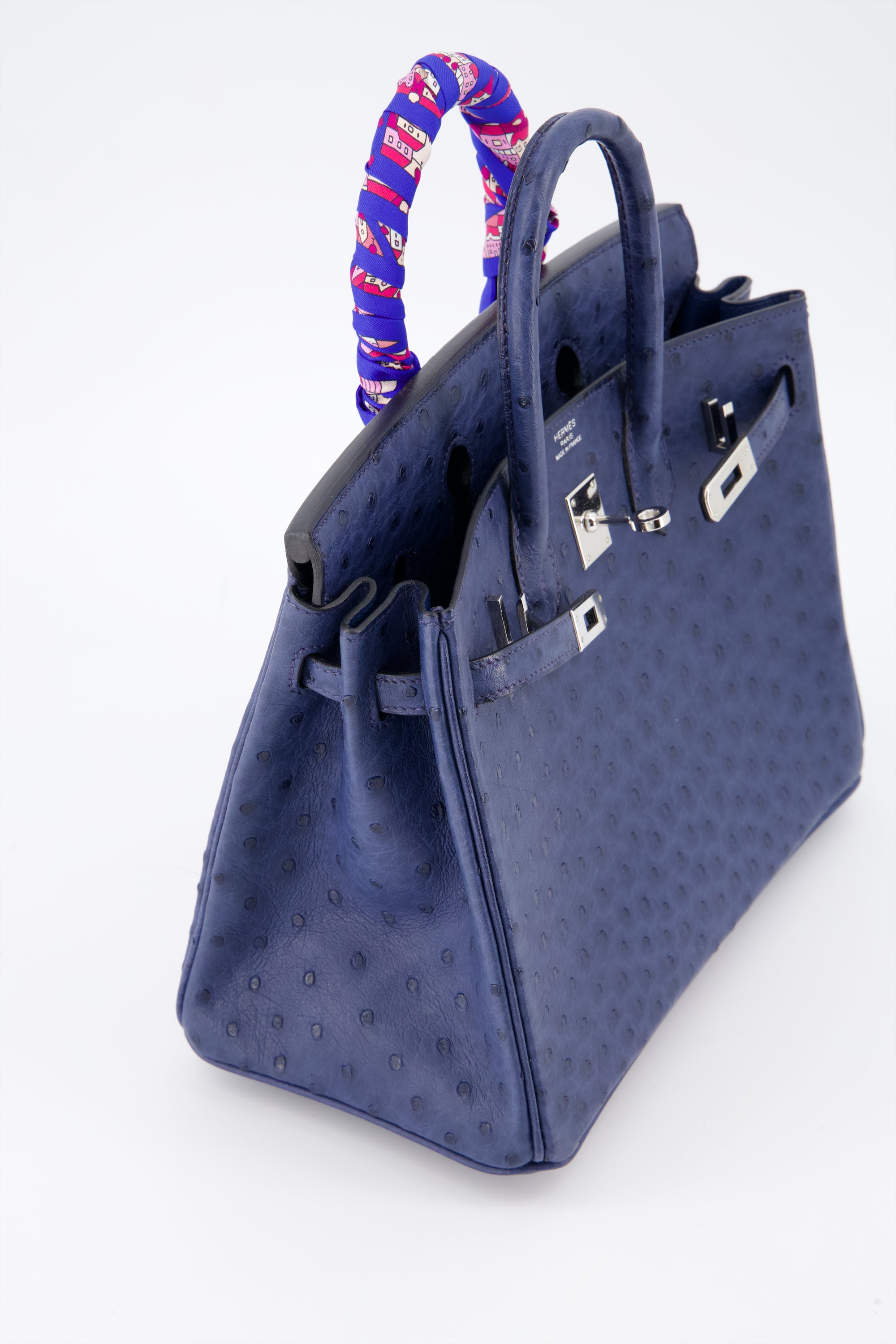 Hermes Birkin 25 Blue de Malte Handbag Ostrich Leather With Palladium Hardware