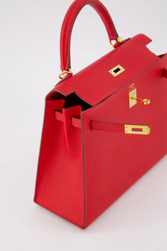 Hermes Kelly 25 Sellier Handbag Rouge VIF Epsom Leather With Gold Hardware