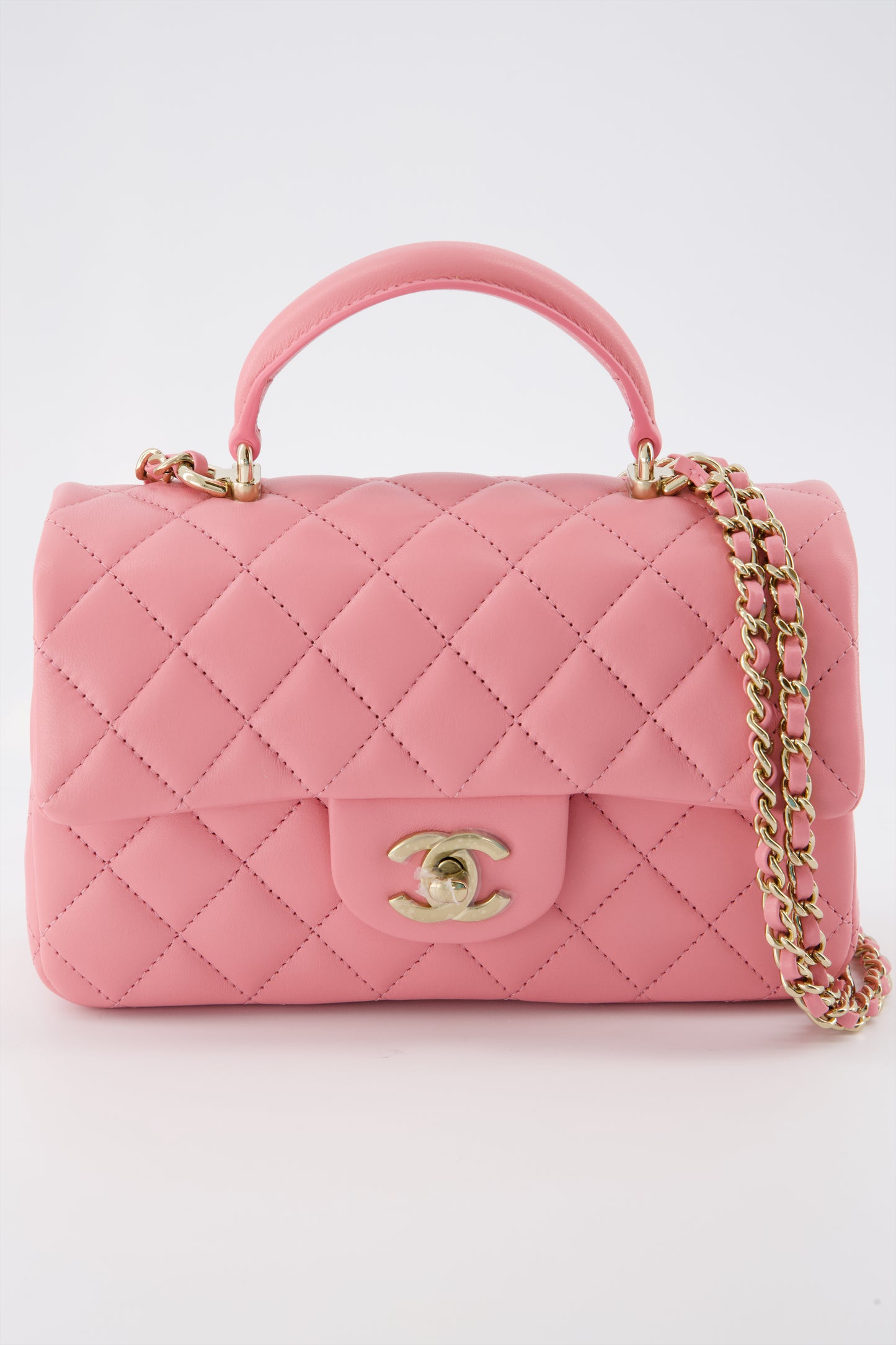 *Rare* Chanel Pink Mini Rectangular Top Handle Flap Lambskin Leather Champagne Gold Hardware