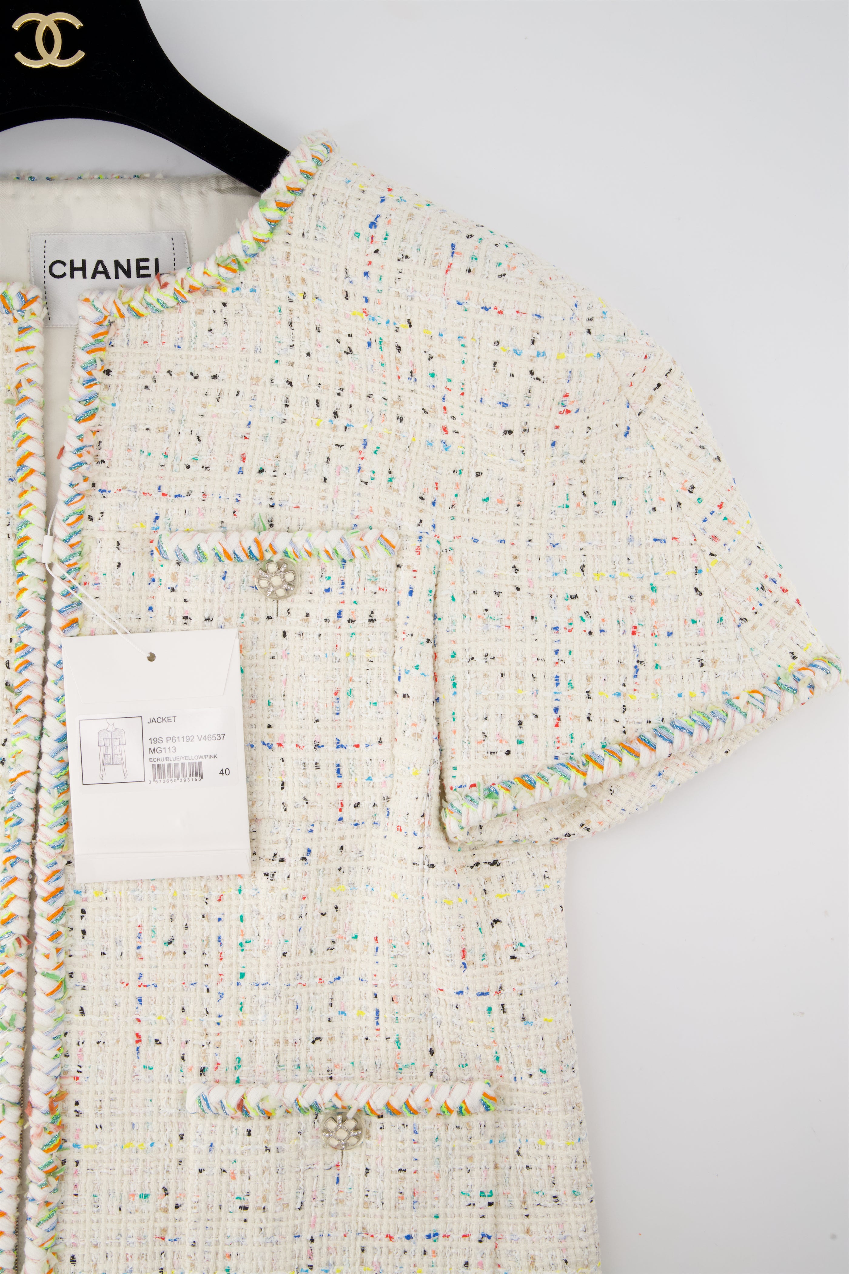 *HOT* Chanel Ecru, Blue, Yellow, Pink Tweed Jacket with CC Button Details FR 40  (UK 12)