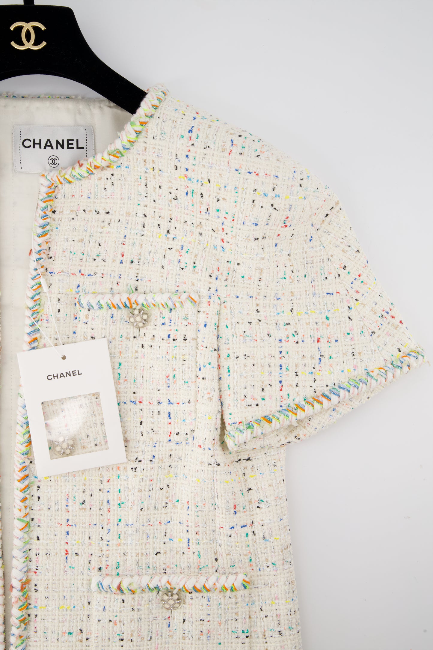 *HOT* Chanel Ecru, Blue, Yellow, Pink Tweed Jacket with CC Button Details FR 40  (UK 12)