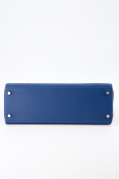Hermes Kelly 32  Verso, Deep Blue Colour, Vert Bosphore Interior Handbag, Evercolor Leather With Palladium Hardware.
