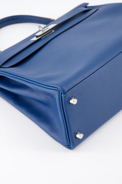 Hermes Kelly 32  Verso, Deep Blue Colour, Vert Bosphore Interior Handbag, Evercolor Leather With Palladium Hardware.