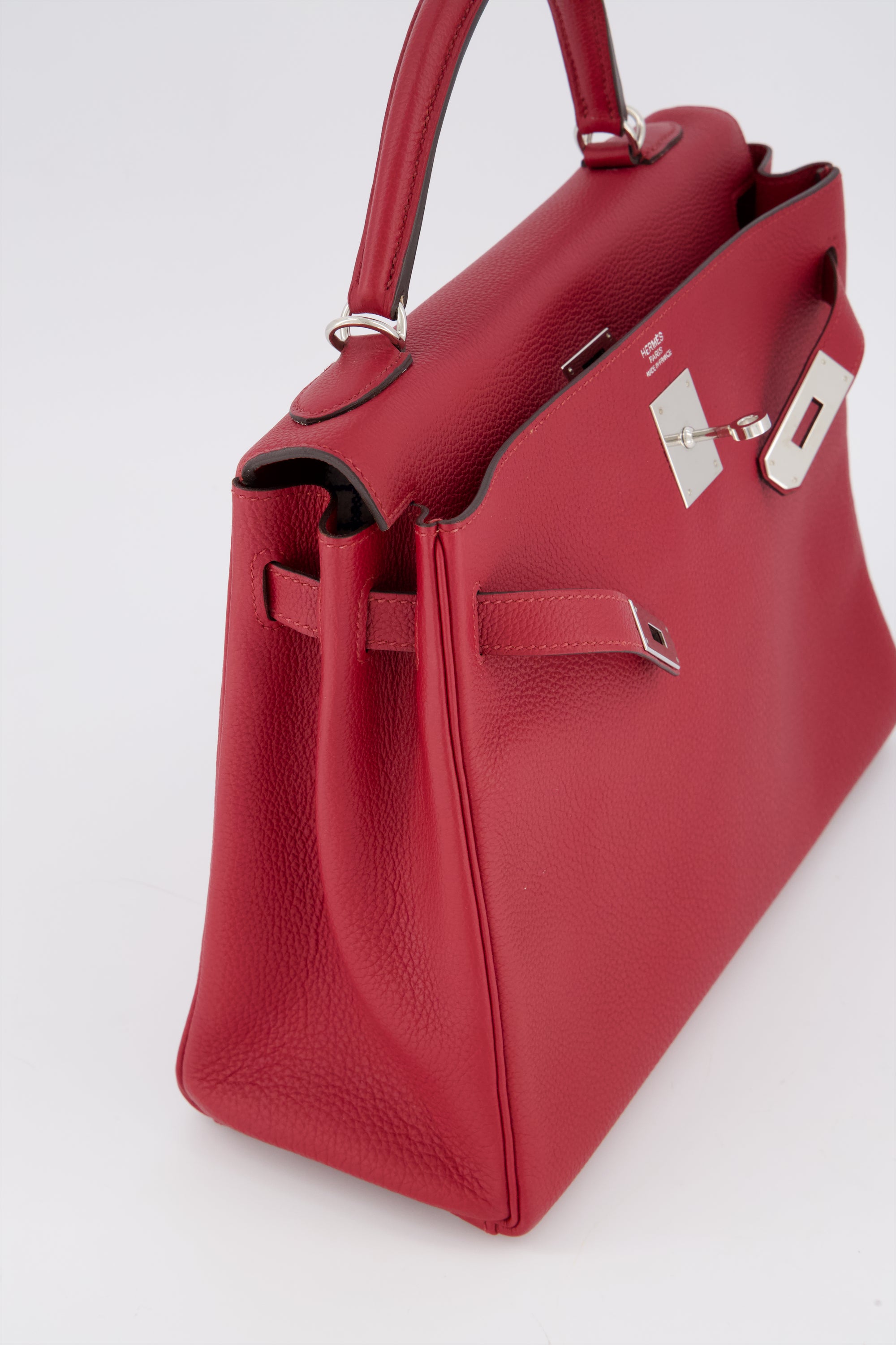 Hermes Kelly 32 Rouge Grenat Togo Leather Handbag With Palladium Hardware.