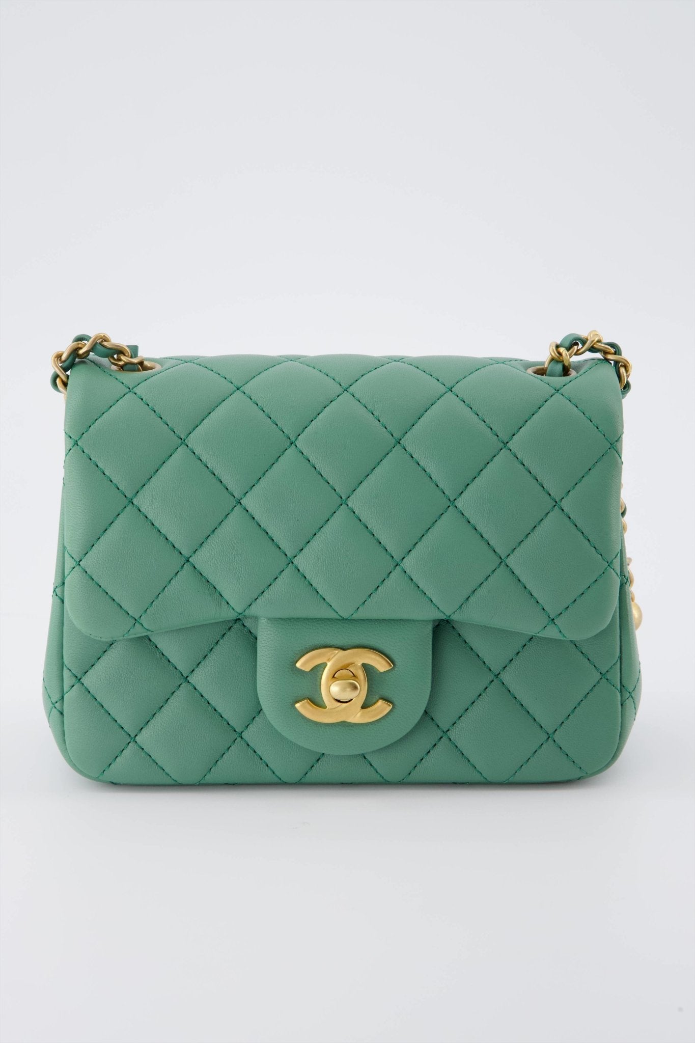 Rare* Chanel Green Pearl Crush Mini Square Flap Bag With Brushed
