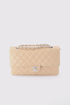 Chanel Beige Medium Classic Double Flap in Caviar Leather with Silver Hardware