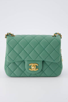 *Rare* Chanel Green Pearl Crush Mini Square Flap Bag With Brushed Gold Hardware