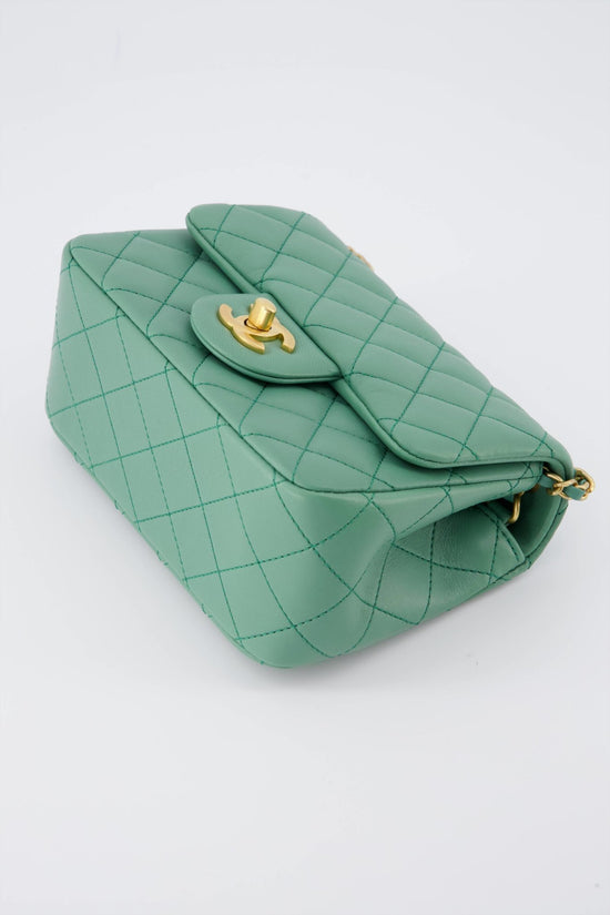 Chanel Mini Flap Bag Top Handle Lambskin Mint Green Champagne Hardware