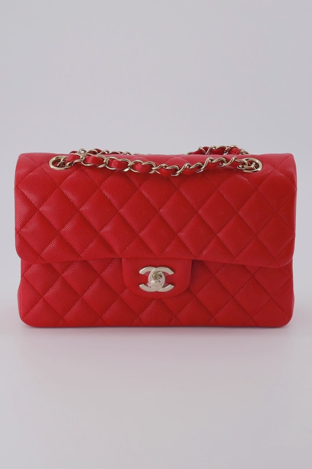 *Rare* Chanel Red Small Classic Double Flap Bag In Caviar Leather With