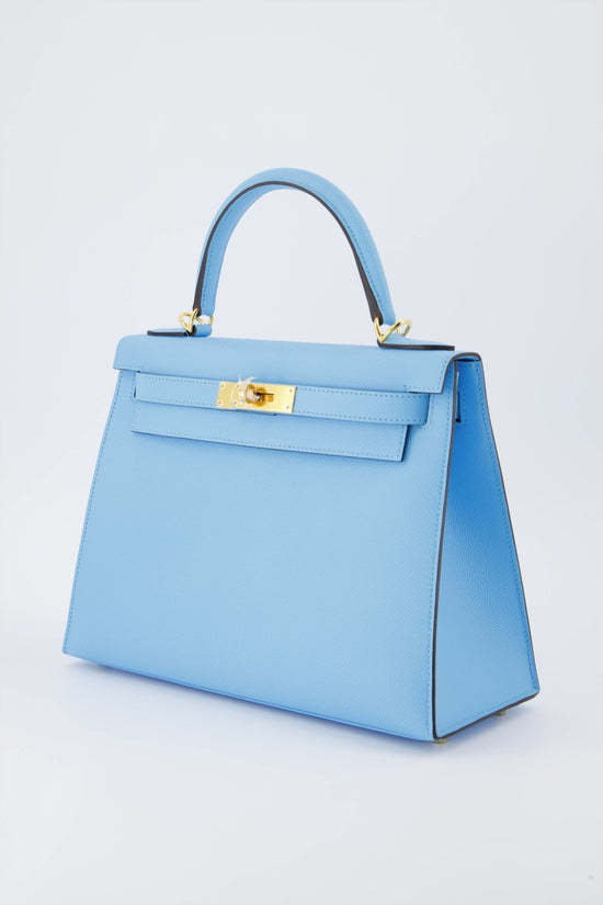 Hermes Kelly 28 Epsom Celeste Gold Hardware Leather Handbags Blue