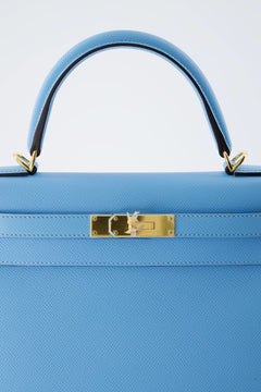 *Rare* Hermes Kelly 28 Sellier Handbag Celeste Epsom Leather With Gold Hardware