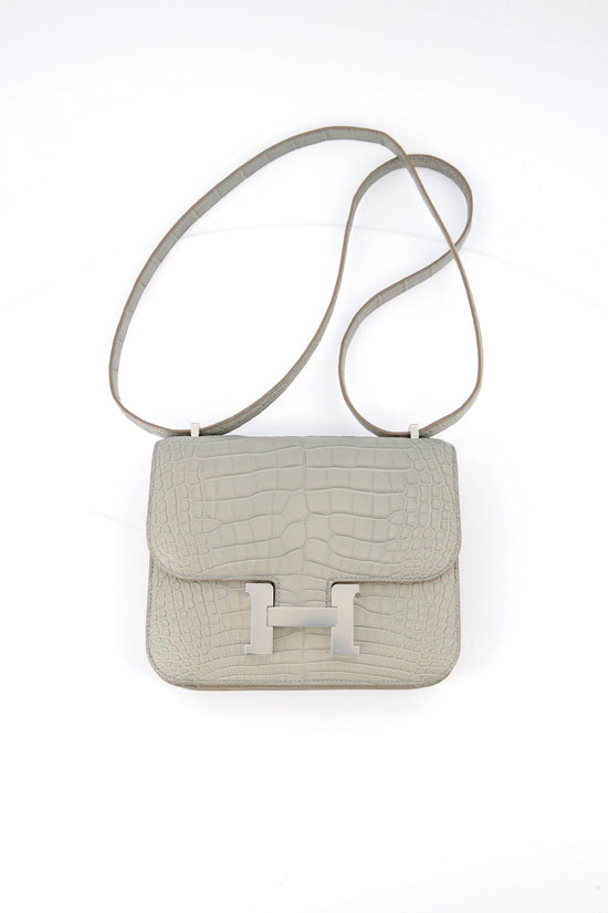 Hermes Constance Bag Alligator Leather Palladium Hardware In White/Grey