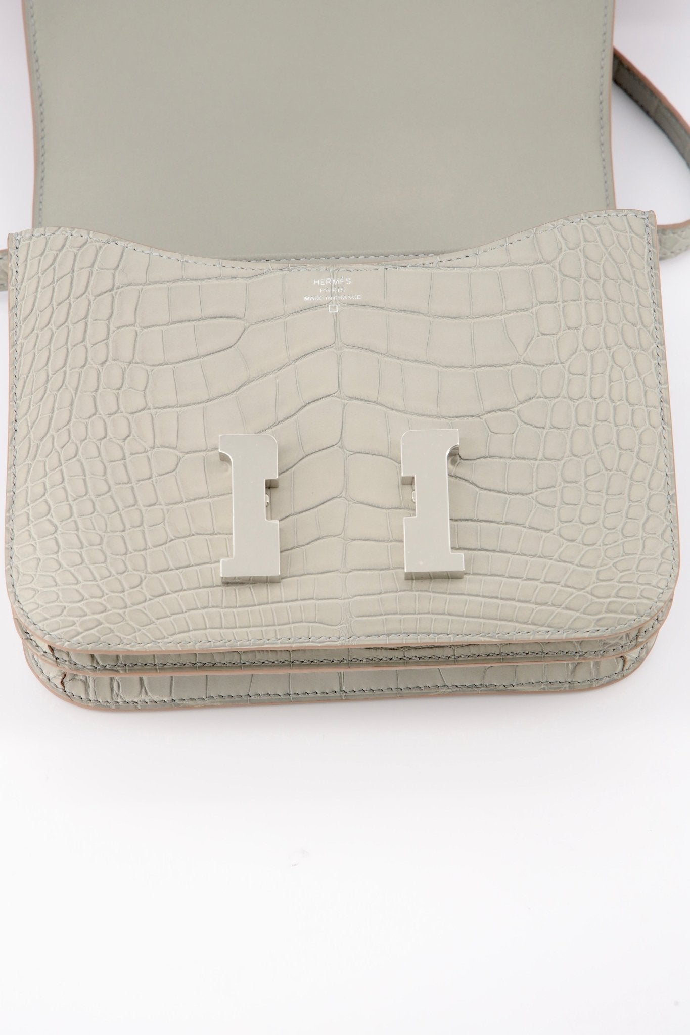 Hermes Matte Alligator Constance Mini 18 shoulder bag in Gris Peatle with Palladium hardware