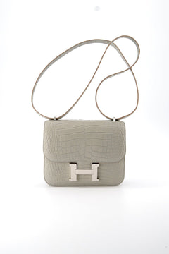 Hermes Matte Alligator Constance Mini 18 shoulder bag in Gris Peatle with Palladium hardware